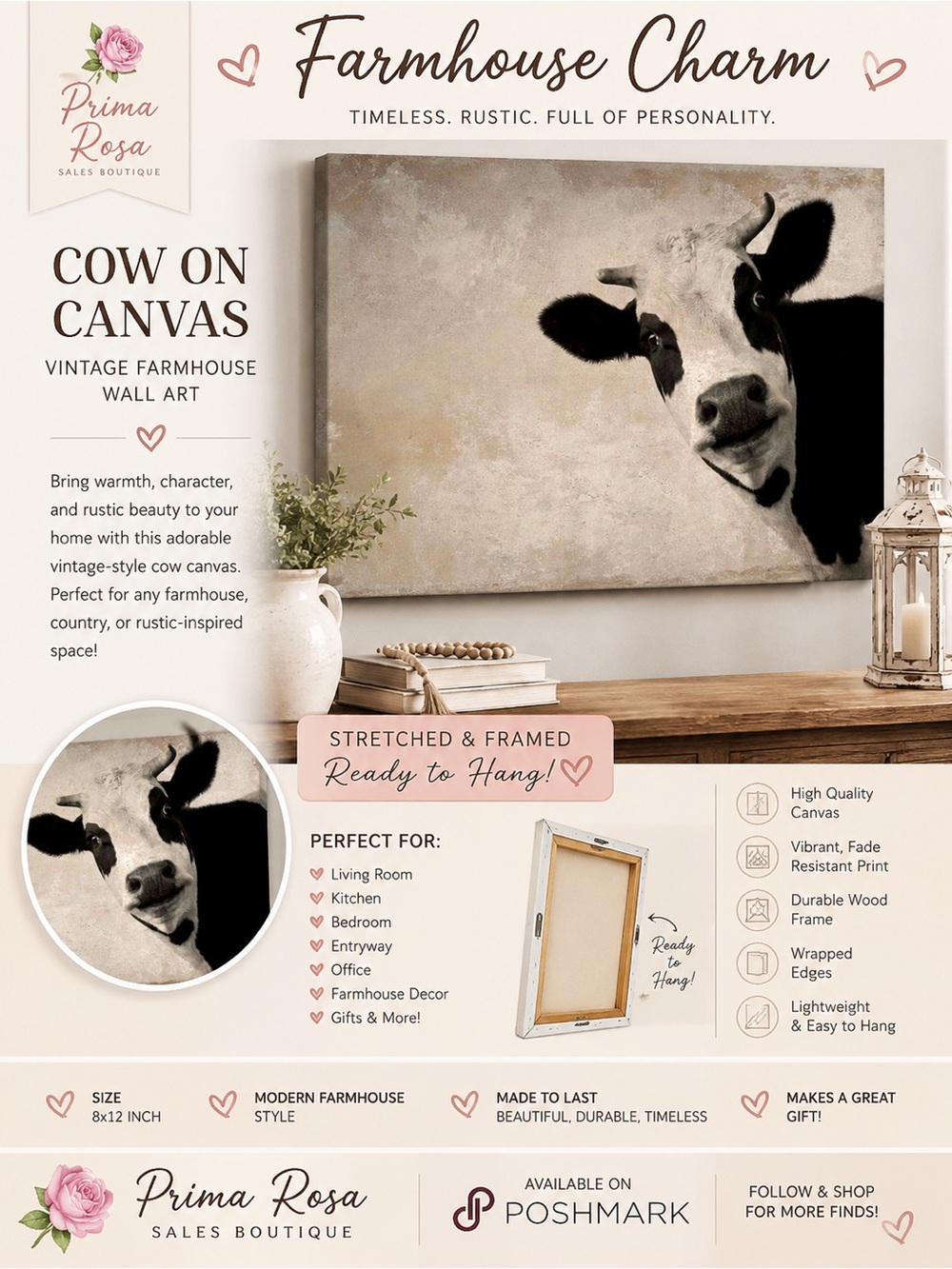 A Cow on Canvas Vintage Farmhouse Animals ,Ready to Hang,8x12in